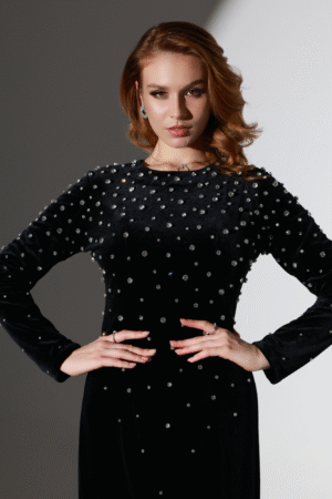 Maxi Long-Sleeve Black Dress with Studs