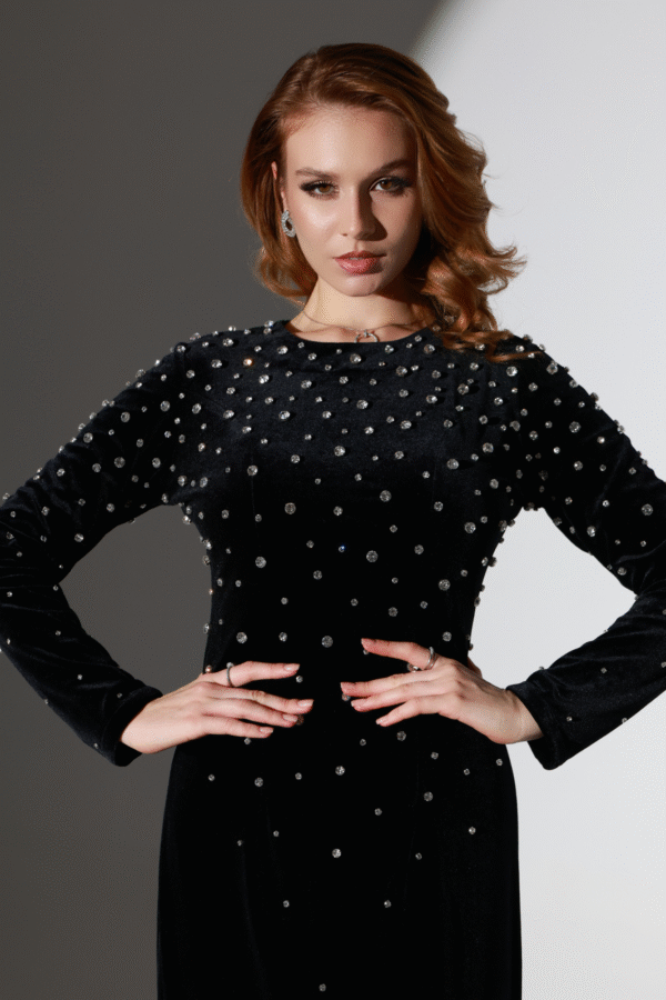 Maxi Long-Sleeve Black Dress with Studs